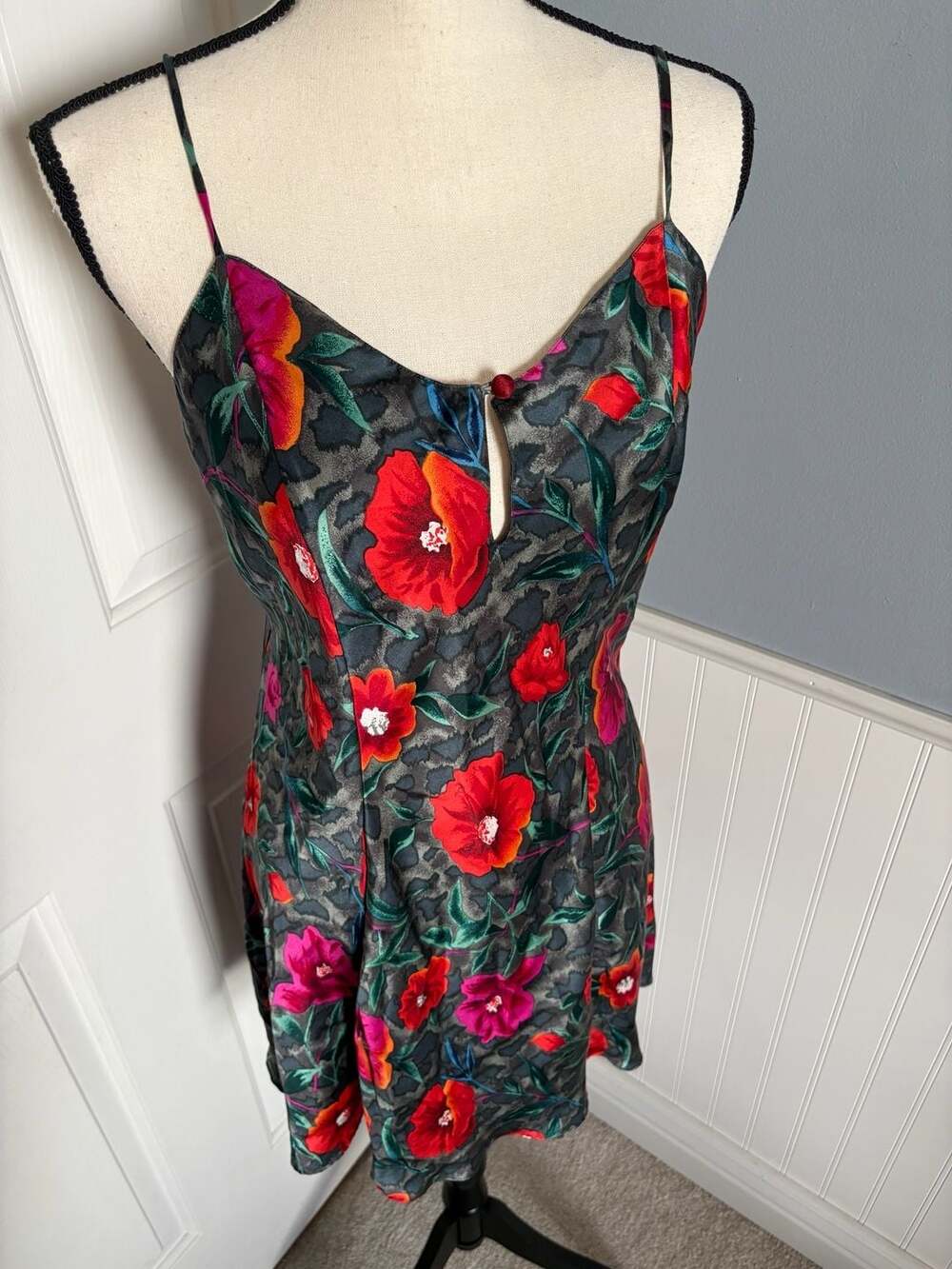 Morgan Taylor Silk Vintage 90s Floral Animal Print Mini Slip Dress